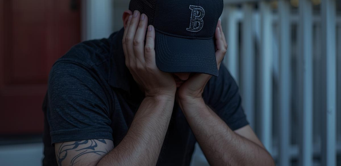 Man with baseball cap, head in hands Man sitting with hands in head with a baseball cap on